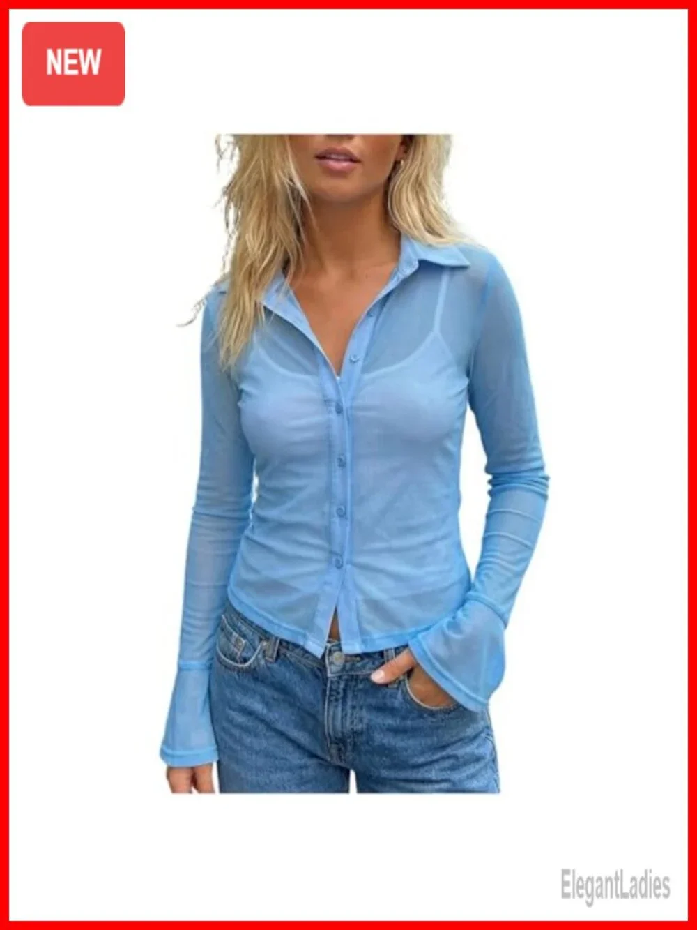 Sheer Button Up Shirt Long Sleeve See Through Mesh Collared Top Slim Fit